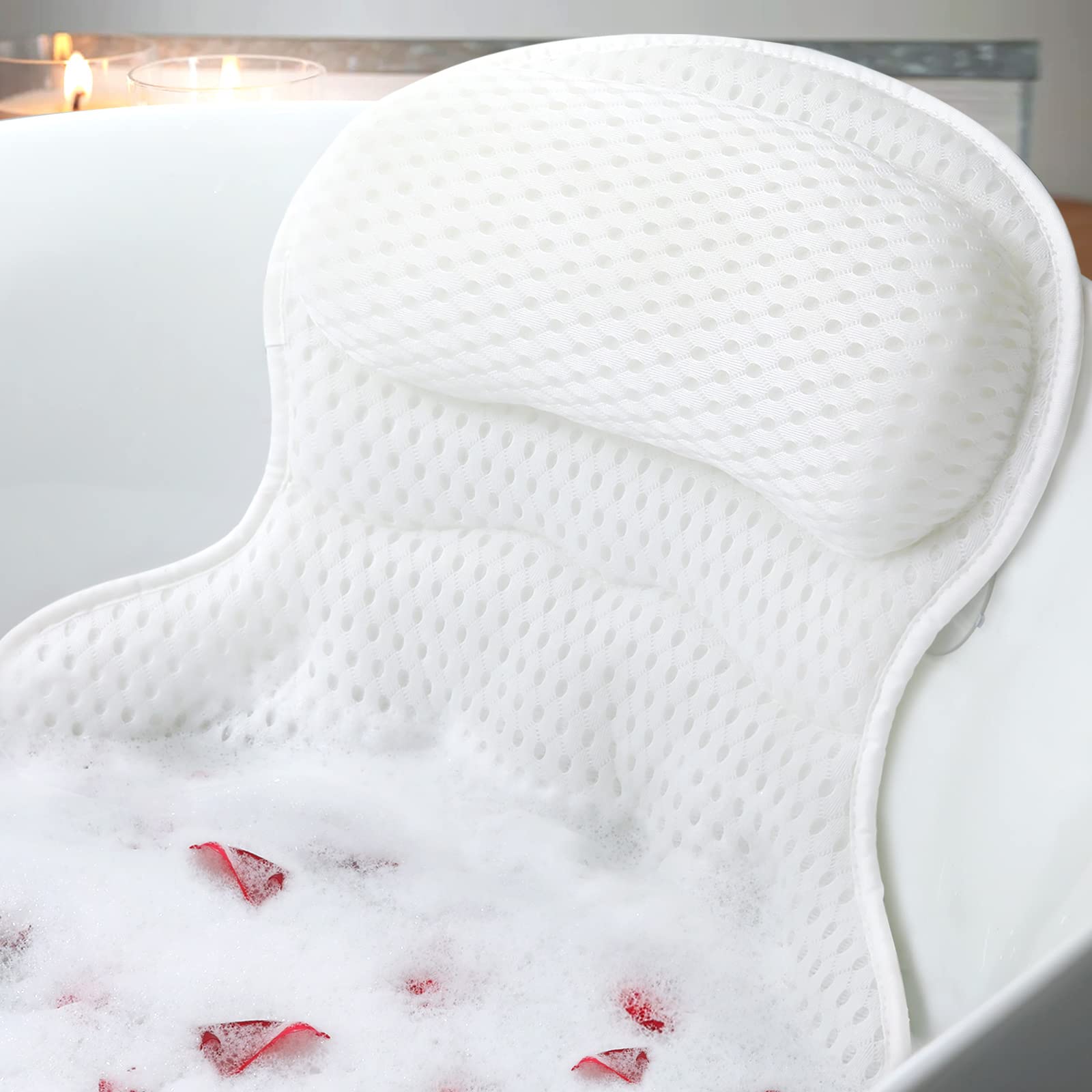 Ozyalo Bath Pillow for Tub - Luxury 4D Mesh, Non-Slip Suction Cups, White, Model 1015, Neck and Back Support