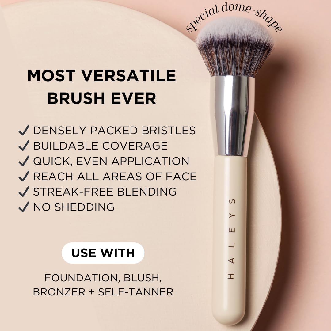 Haleys Kabuki Makeup Brush Vegan+Cruelty-Free, Sustainable Wood, Vegan Bristles For Airbrushed Finish, For Creams, Liquids, Powd