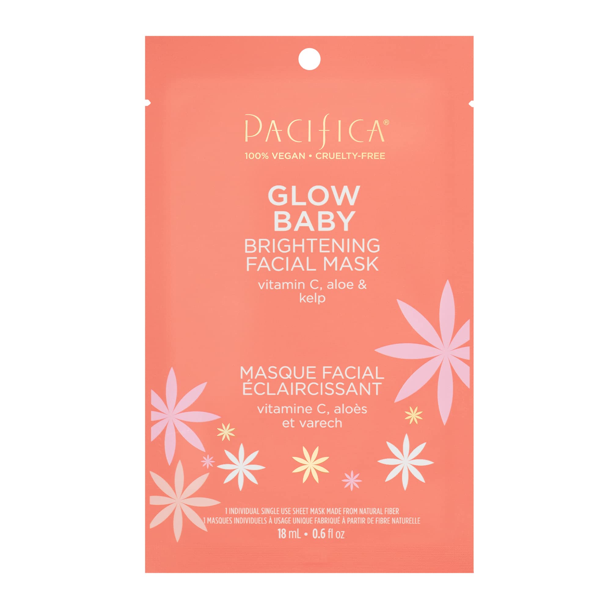 Pacifica Beauty Glow Baby Brightening Facial Mask, Skincare, Sheet Mask, Vitamin C, Aloe, Kelp, Dark Spots, Fine Lines, Cooling 