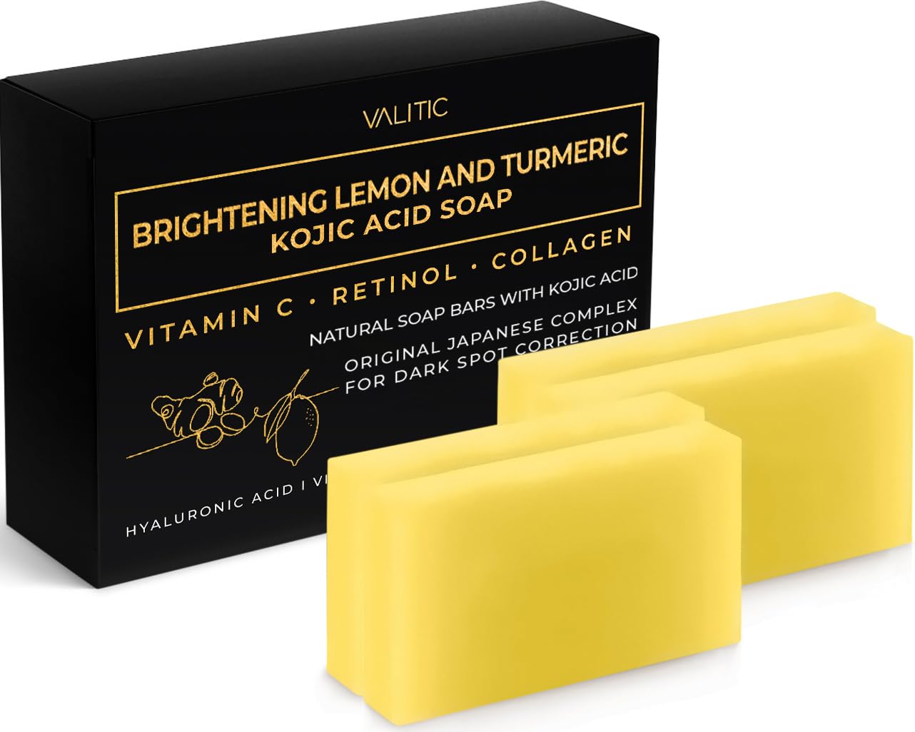 VALITIC Brightening Lemon & Turmeric Kojic Acid Soap with Vitamin C, Retinol, Collagen - Original Japanese Complex Infused with 