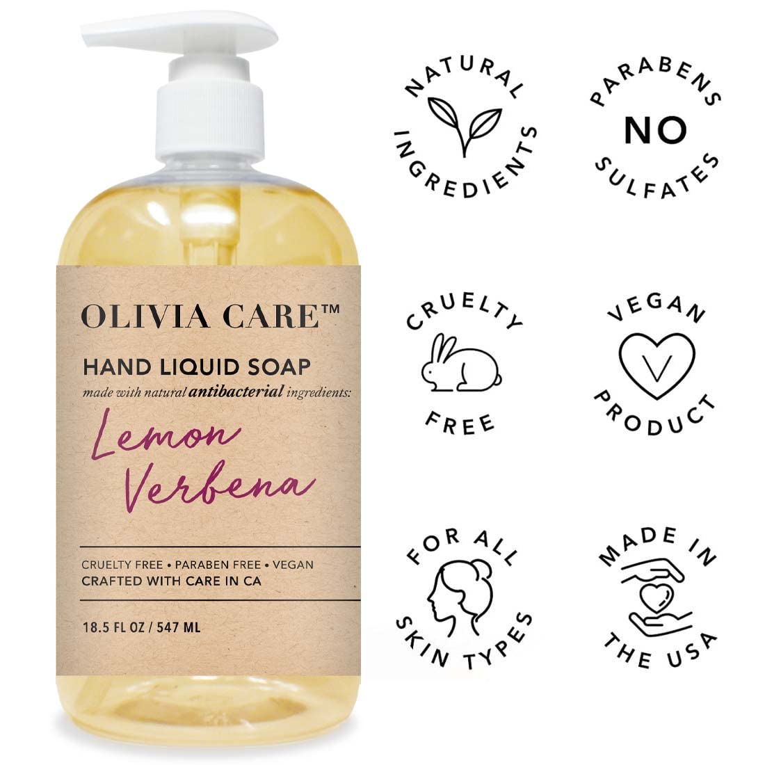 Olivia Care Antibacterial Hand Soap - Infused With Sage & Tea Tree Oil & Lemon Verbena Fragrance, Cleansing, Germ-Fighting, Mois