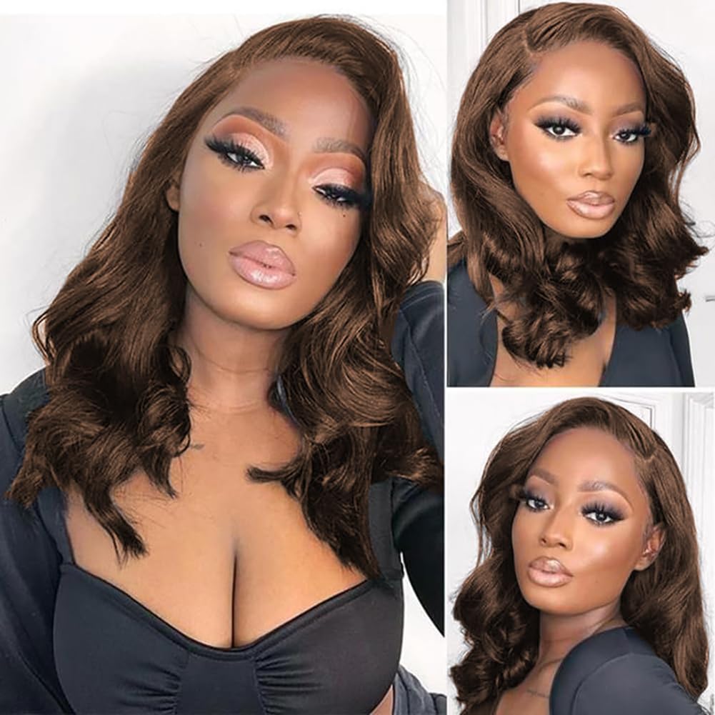 Chocolate Brown Bob Wig Human Hair 13X4 Frontal Lace Wig 14 Inch Body Wave Hd Lace Front Wigs Human Hair Pre Plucked Glueless Bo