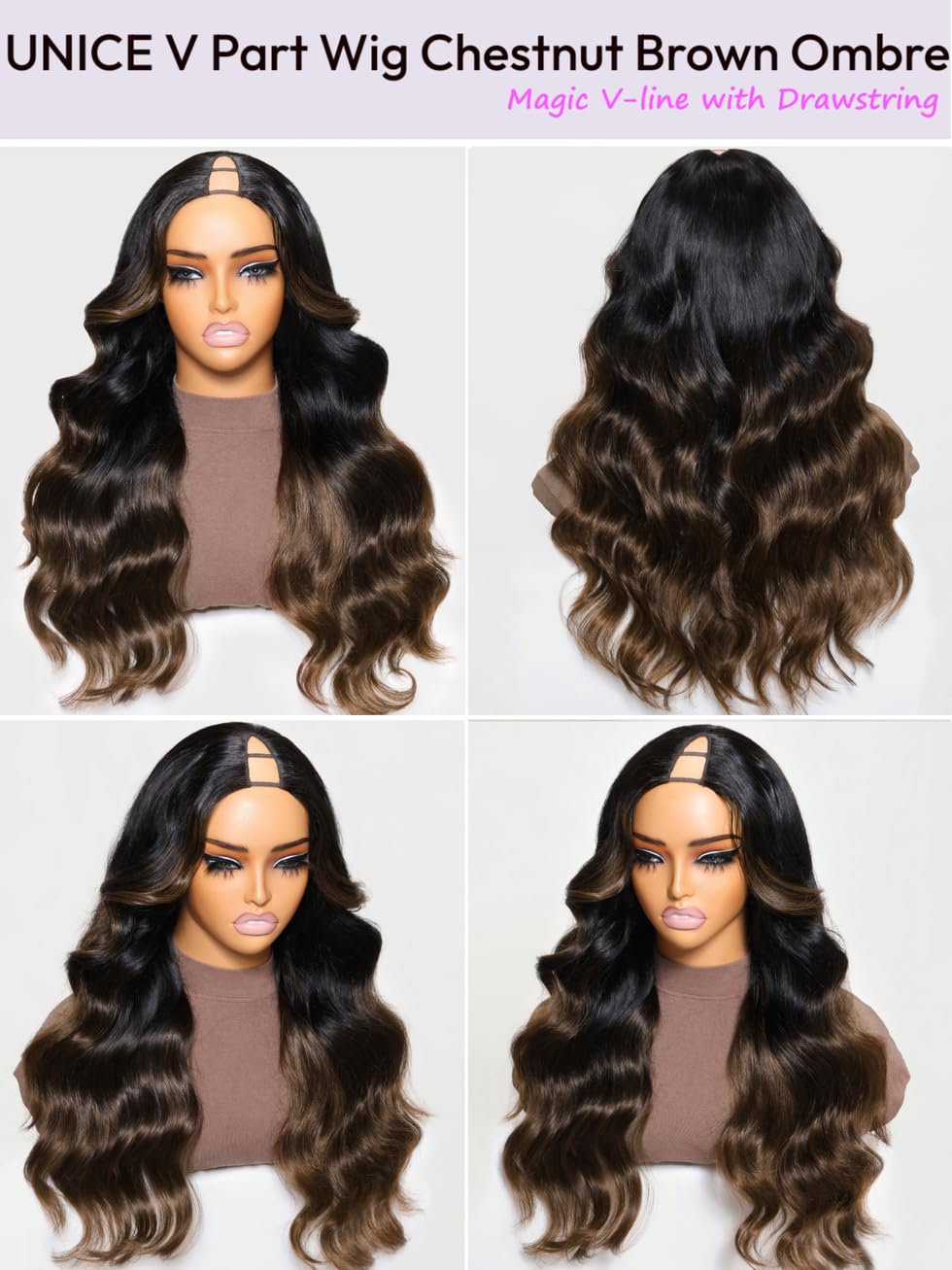 Unice Chestnut Brown Ombre Easicontour V Part Wig Human Hair Body Wave Upgrade Glueless U Part Human Hair Wig No Leave Out Begin