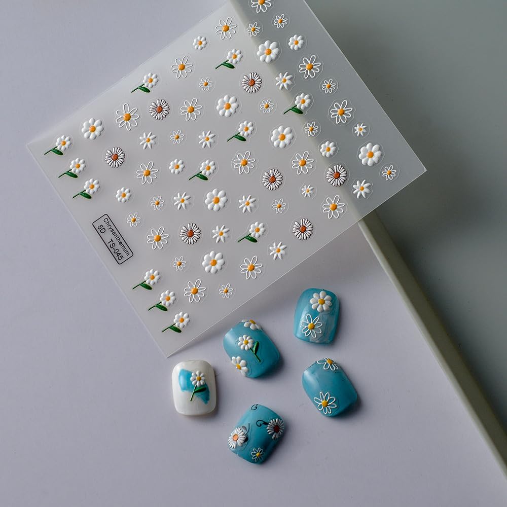 Flower Nail Art Stickers 5D Embossed White Daisy Nail Stickers Self-Adhesive Flower Nail Decals For Women Girls Daily Wear Manic