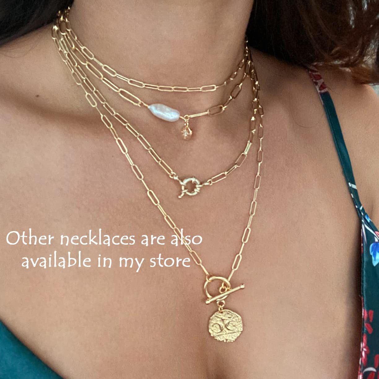 Aobei Pearl Chunky 18k Gold Chain Choker Necklace Freshwater Biwa Pearl Pendant CZ Starburst Charm Statement Jewelry for Women 1