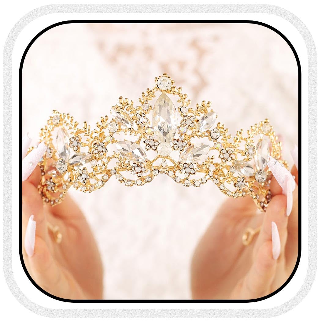 Aukmla Queen Crowns and Tairas Gold Crystal Crown Wedding Costume Headpeice Headband Hair Accessories for Women and Girls (Gold)