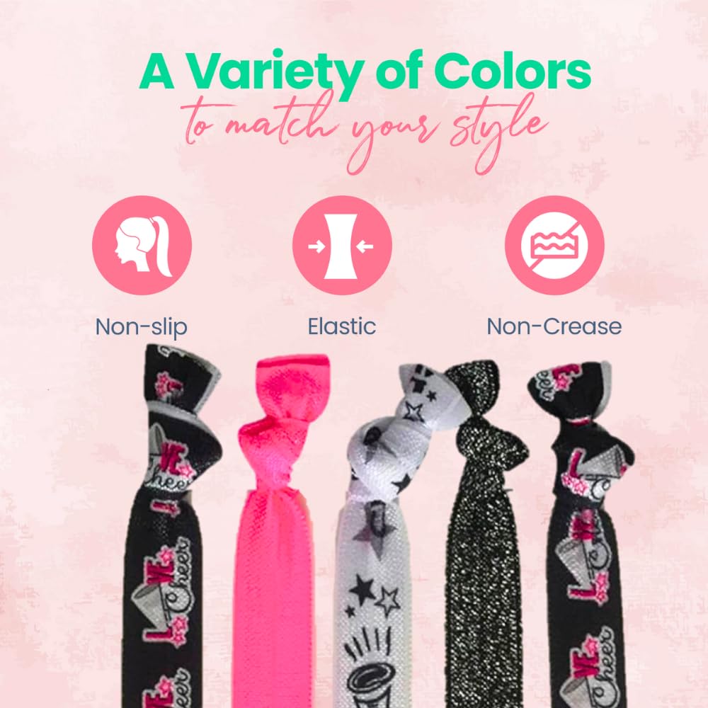 Sportybella Cheer Hair Ties (Pink)- Hair Accessories For Girls, Women, Teens & Kids. No Crease, No Tug Elastic Hair Ties Set. Po