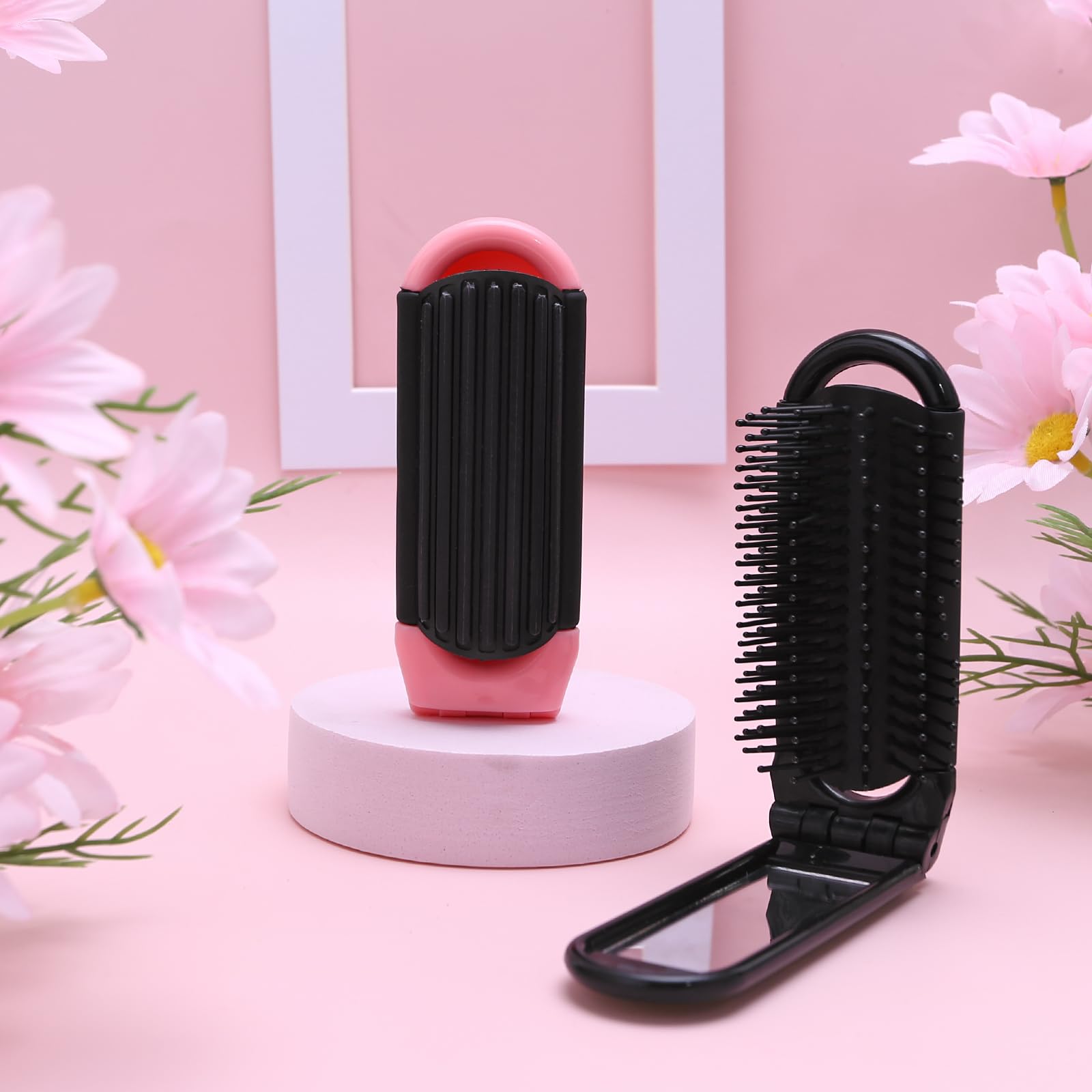 DIVINA VITAE Travel Compact Hair Brush & Mirror Set - 2 PCS Mini Folding Comb, Pink/Black, Plastic, Model 559584
