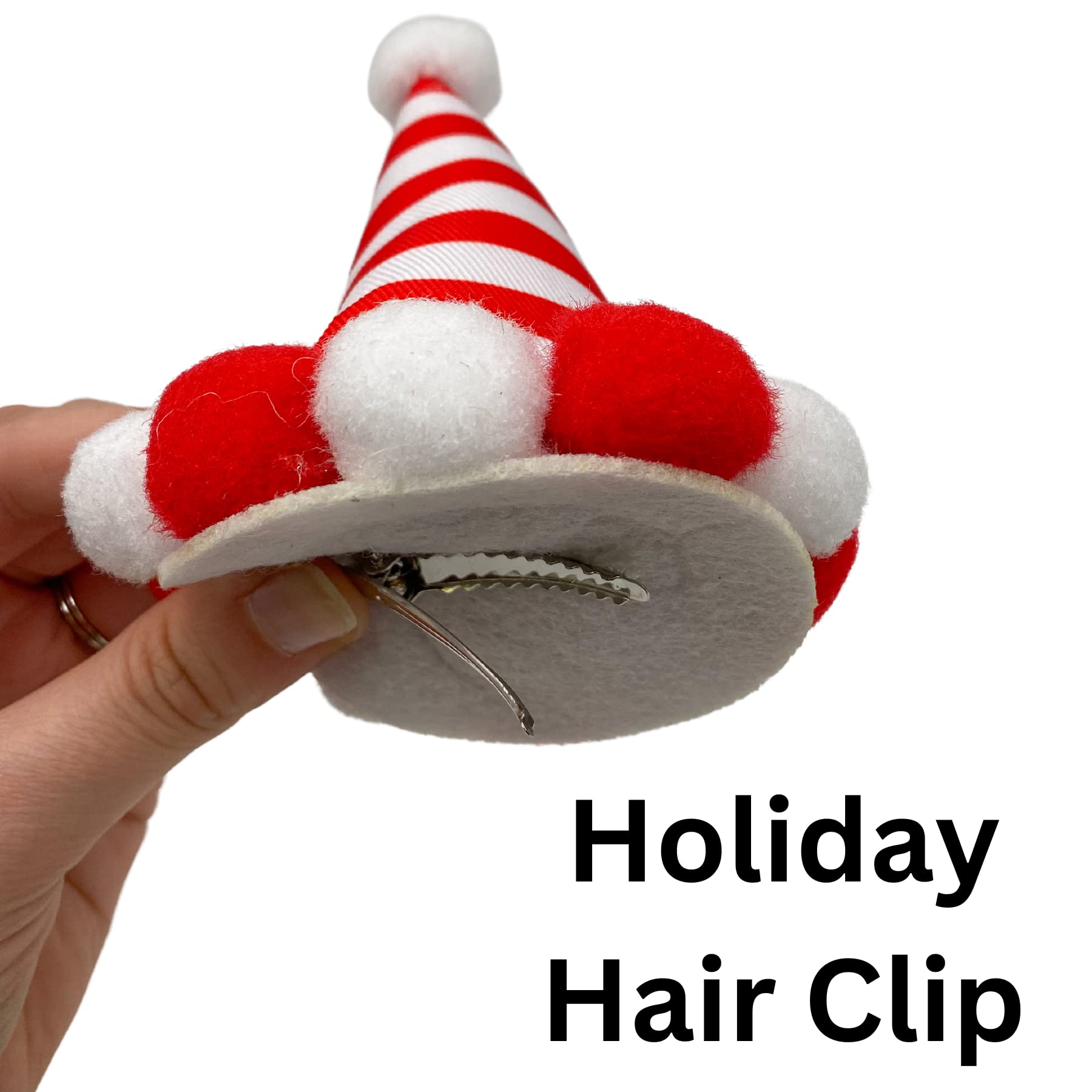 Needzo Christmas Hair Clip Red And White Candy Cane Striped Hat With Pom Poms, Christmas Hair Accessories For Women, One Size Fi