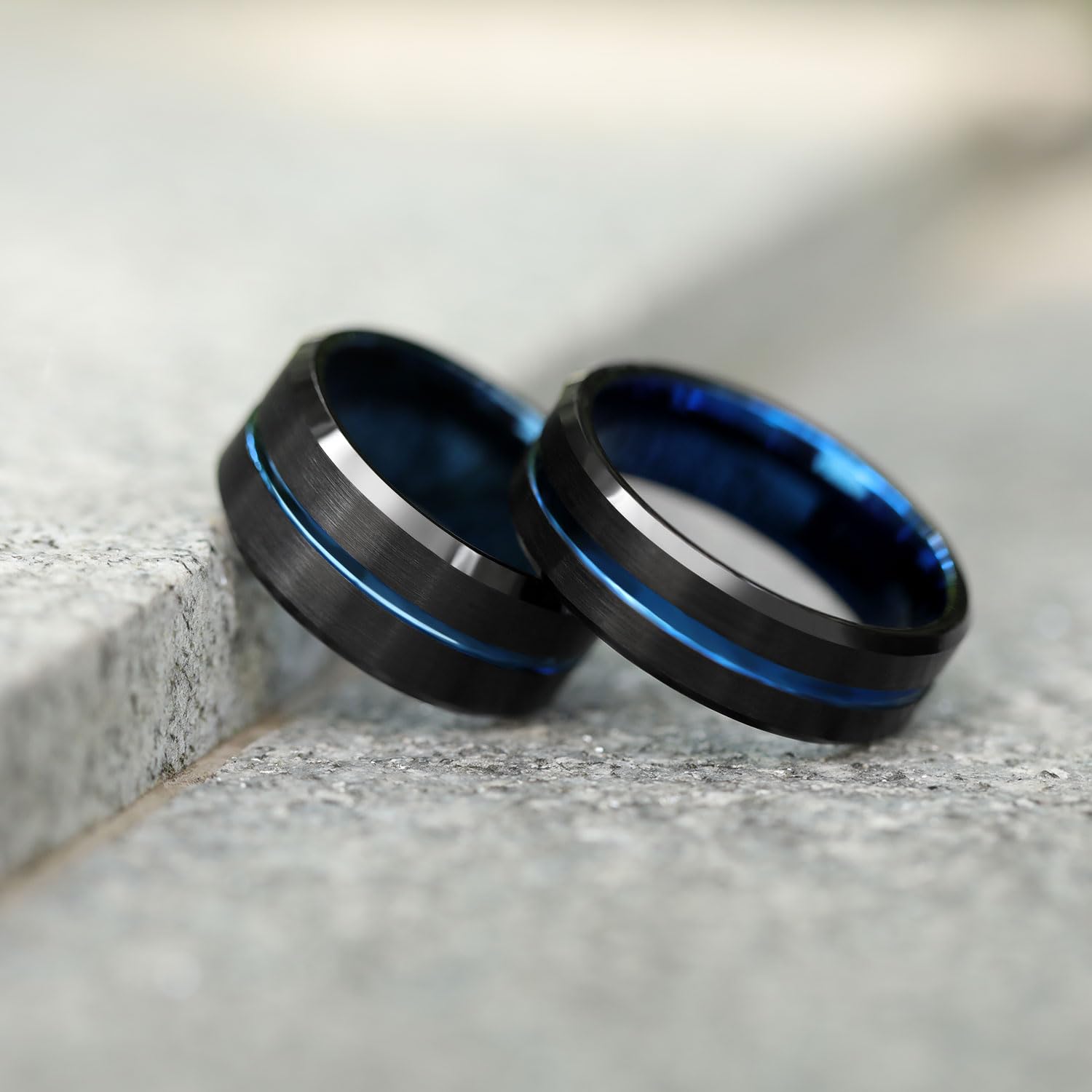 Greenpod 10MM Black Tungsten Ring for Men Thin Blue Line Groove Beveled Edge Wedding Band Comfort Fit Size 11.5