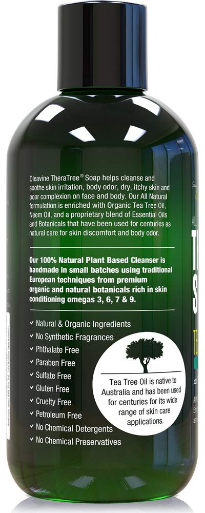 Oleavine TheraTree Tea Tree Oil Soap with Neem Oil - 12oz - Soothes Skin Irritation & Odor, Restores Complexion