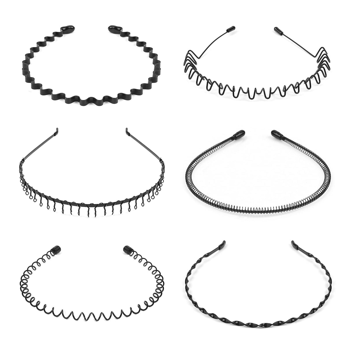 URAQT Metal Headbands, 6 Pcs Fashion Unisex Black Spring Wavy Headwear Hair Hoop for Men Women, Non-slip Sports Hairband Metal H