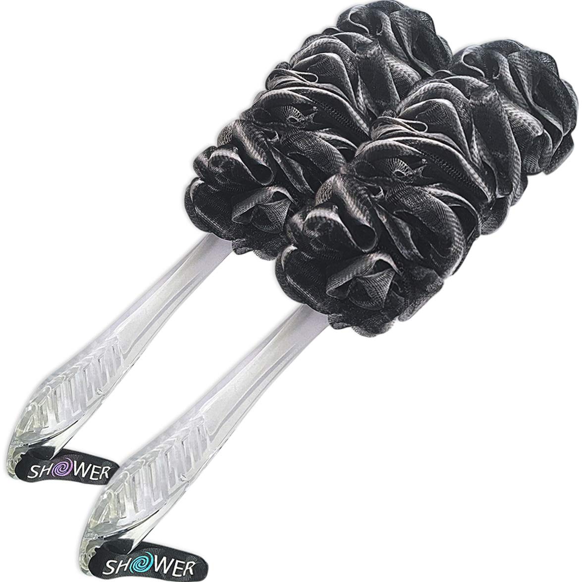 Loofah-Charcoal Back-Scrubbers 2-Pack-By-Shower-Bouquet: Long-Handle Bath-Sponge-Brushes With Extra Large Soft Mesh For Men & Wo