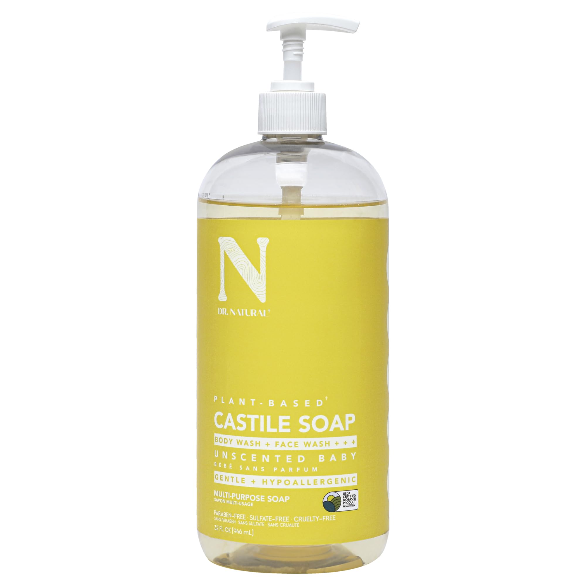 Dr. Natural Castile Liquid Unscented Baby Soap, Mild, 32 Oz - Plant-Based - Made With Organic Shea Butter - Rich In Essential Oi