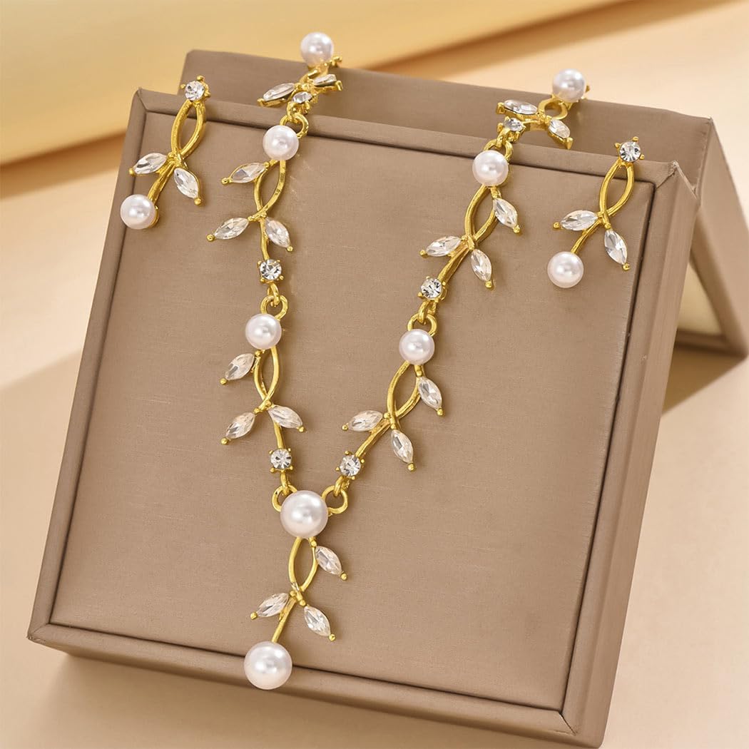 Unicra Gold Pearl Necklace Earrings Sets Rhinestone Bridal Wedding Jewelry Set Formal Prom Costume Jewelry Sets for Women and Br