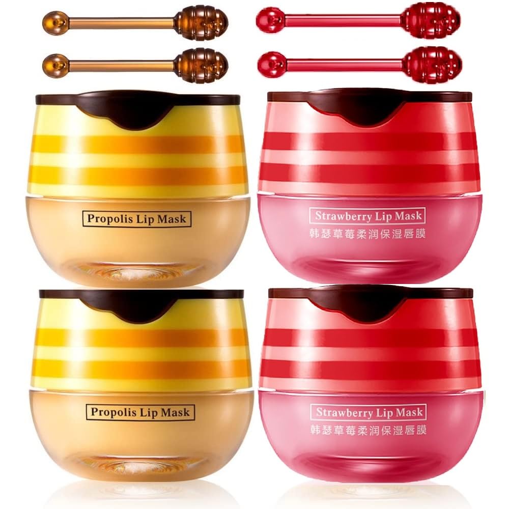 4 Pcs Lip Balm Honey Pot, Honey & Strawberry Moisturizing Lip Mask Reduces Lip Lines, Prevention Dry and Cracked Lip Scrubs Exfo