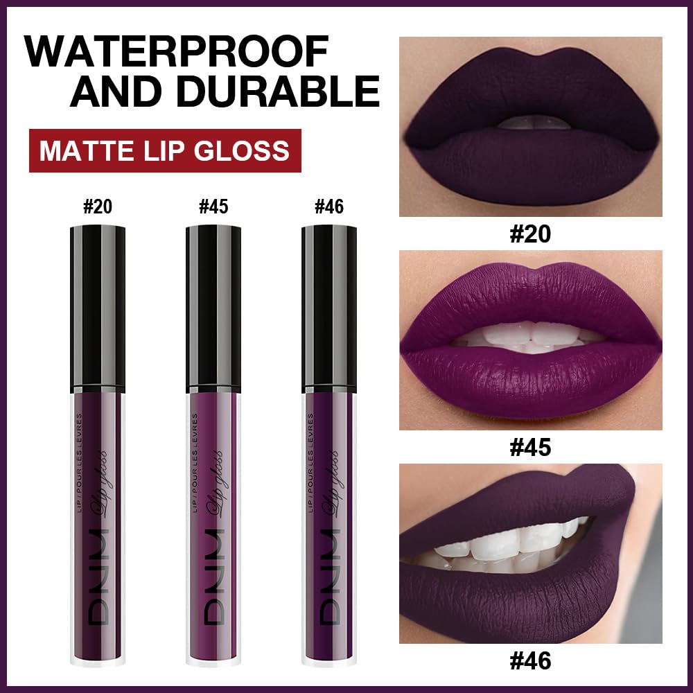Evpct Dnm 3Pcs Dark Purple Mauve Plum Maroon Matte Liquid Lipstick Lip Stain Sets For Women Matte+Lipstick Long Lasting Permanen