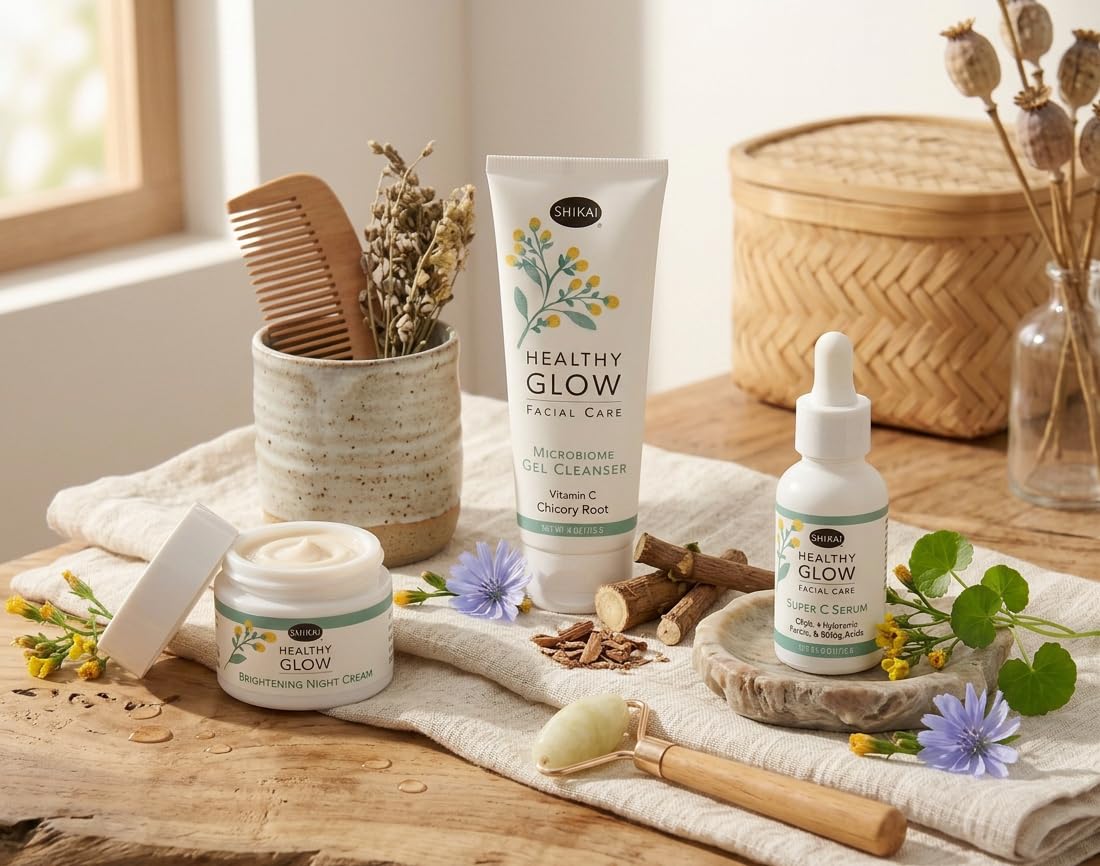 Healthy Glow Facial Care System Vitamin C Routine Bundle | Microbiome Cleanser | Super C Serum | Brightening Night Cream | Gentl