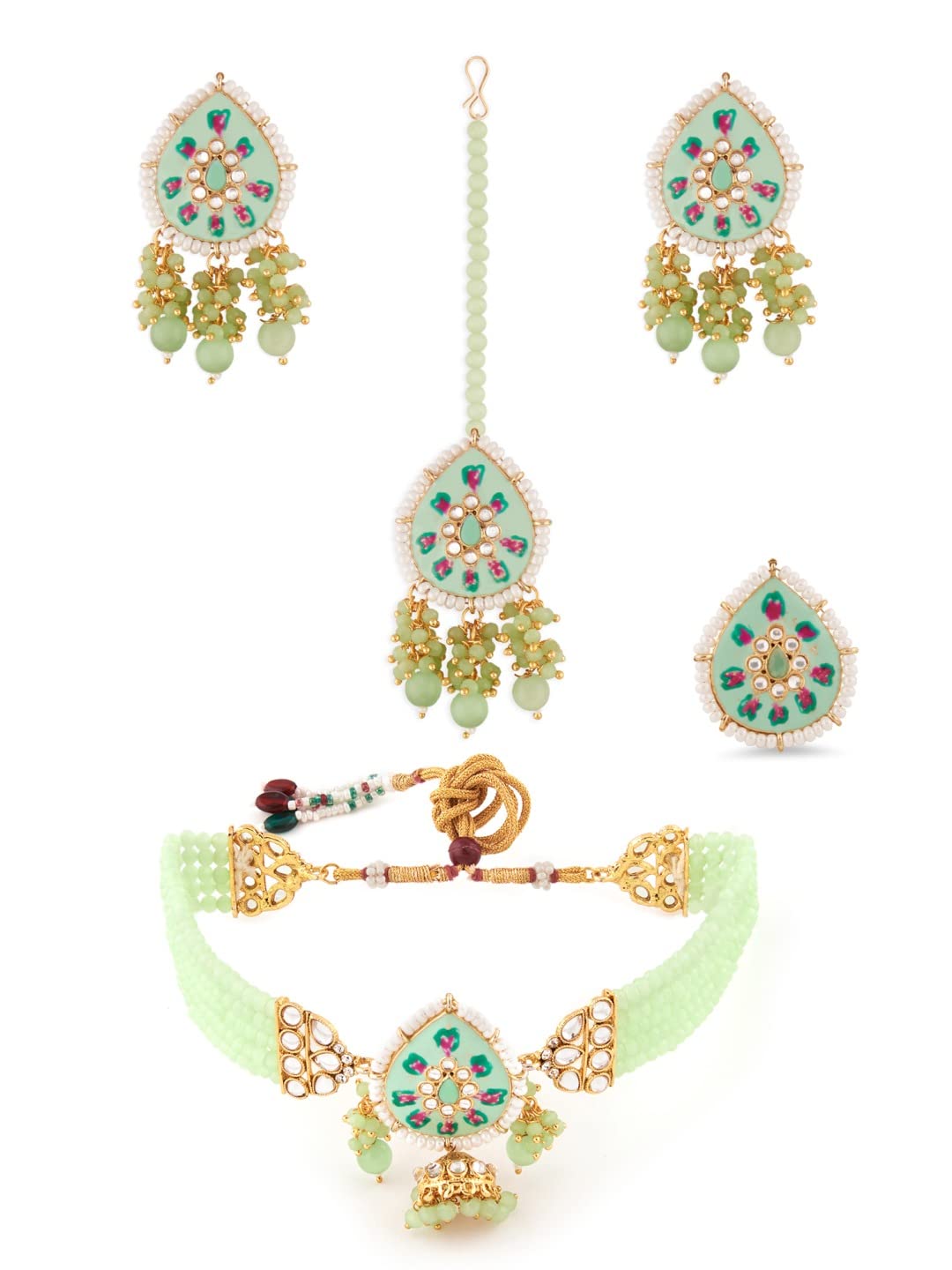 Zaveri Pearls Green & Pink Meenakari Multistrand Beaded Choker Necklace Earring Maangtikka & Ring Set For WomenZpfk13427