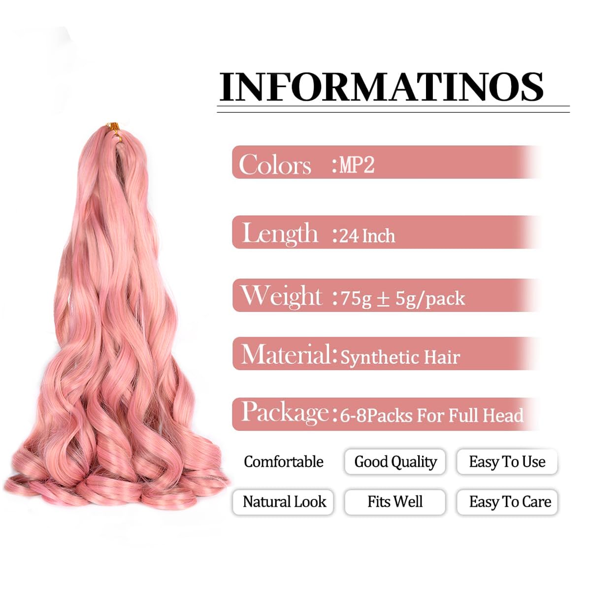 French Curl Braiding Hair,Loose Wave Braiding Hair 8 Packs 24 Inch 75G/Pack Silky Crochet Braids Spanish Curly Synthetic Pink Sp