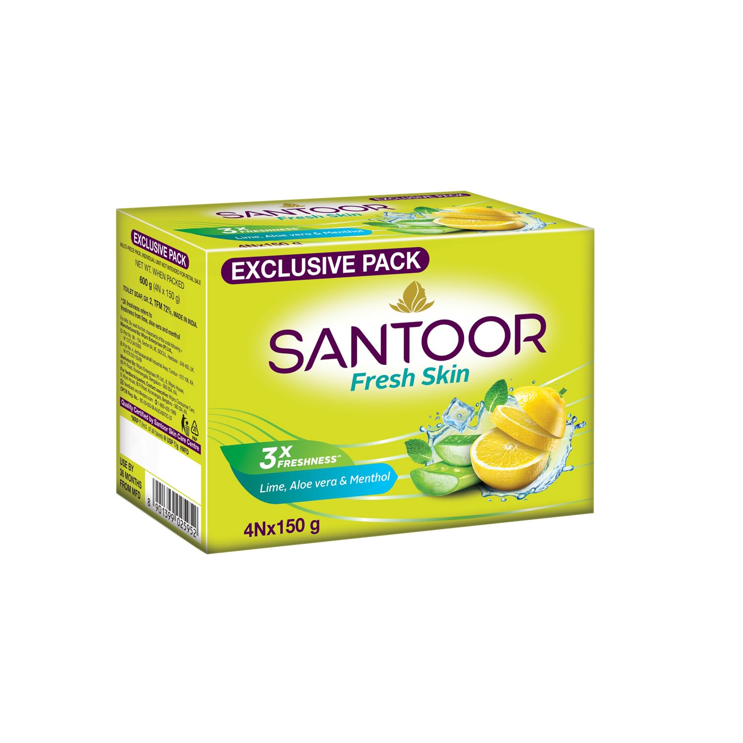 Santoor Fresh Skin Bathing Soap With Lime, Aloe Vera & Menthol|Experience 3X Freshness Like Never Before|For All Skin Type|150G,