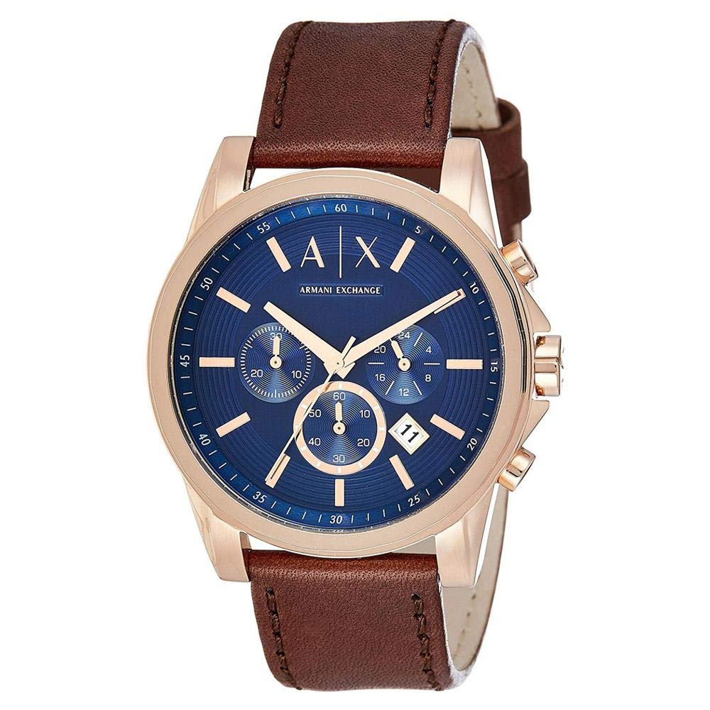 Armani Exchange A|X MenS Rose Goldtone Brushed Stainless Steel Brown Leather Analog Watch Dial ColorPink, Band ColorGold