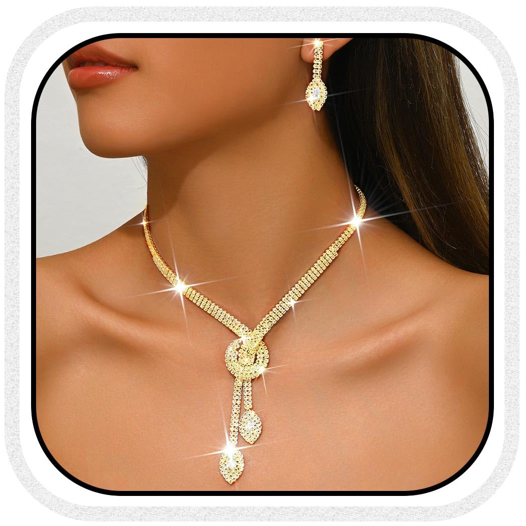 Unicra Gold Rhinestone Bridal Wedding Jewelry Set Crystal Necklace Earrings Sets Formal Prom Costume Jewelry Sets for Women and 