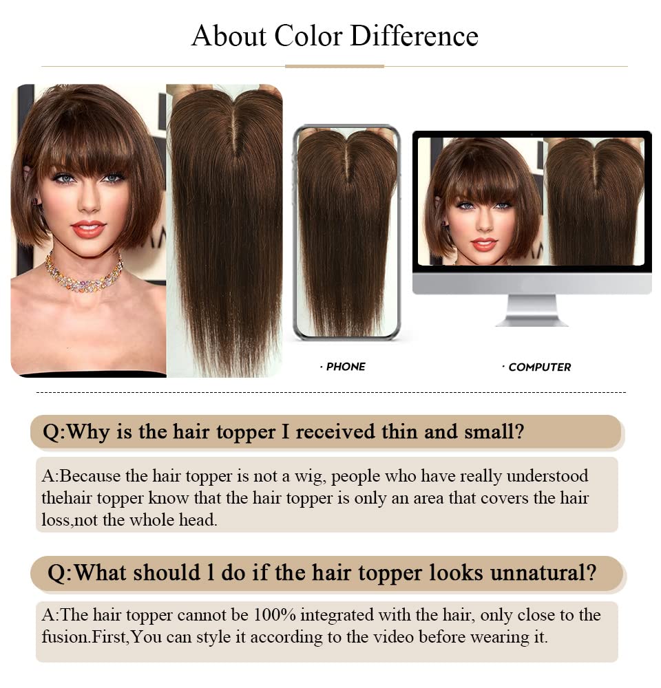 HAIRCUBE 100% Real Human Hair Toppers with Bangs 150% Density Silk Base Clip in Topper 7 * 13cm 10 Inch 2# Dark Brown 35g