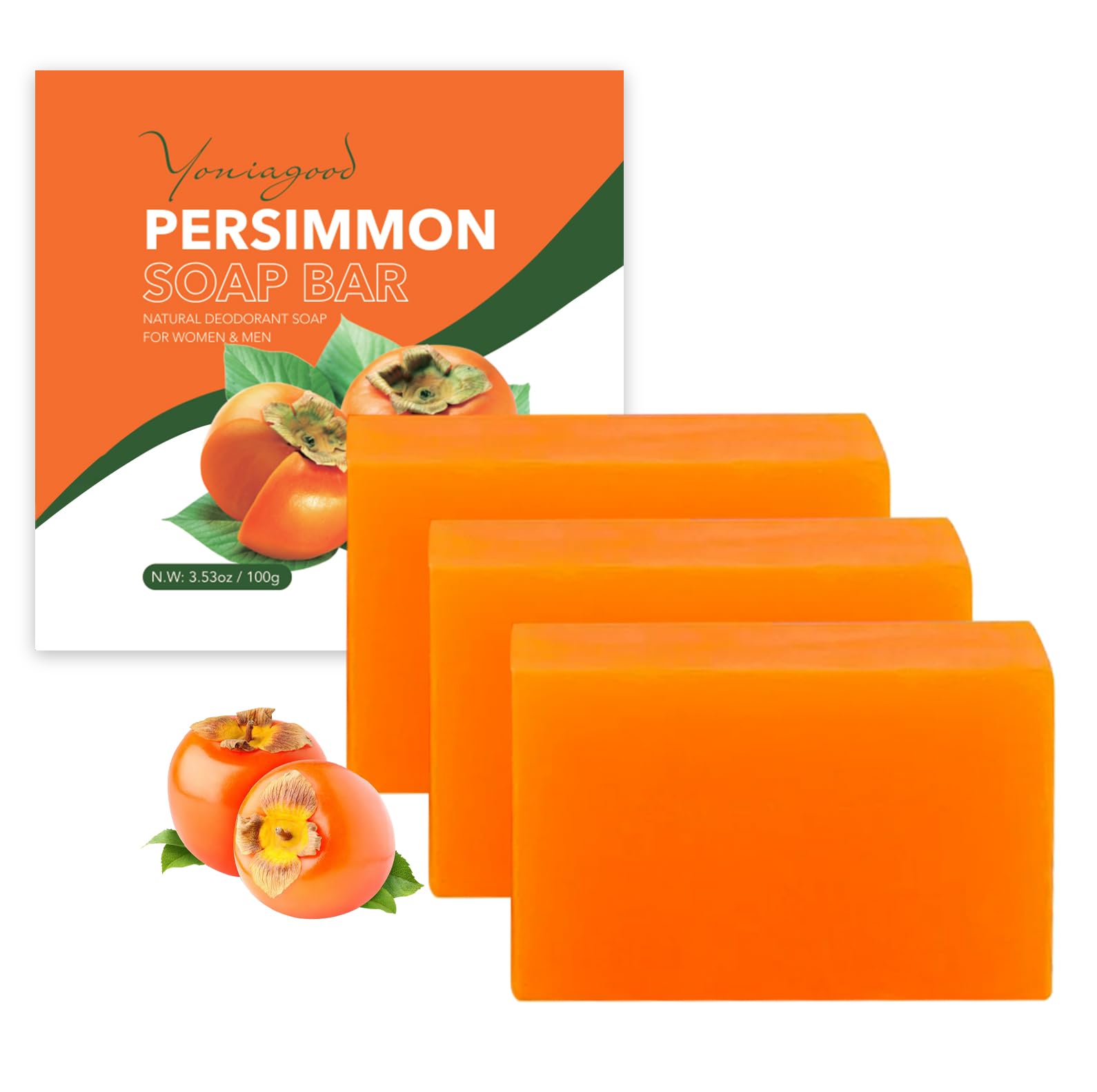 3 PCS Persimmon Soap Bar for Body Odor Control, Natural Deodorant Body Bar Soap for Old People Smell, Remove Nonenal Body Odor, 
