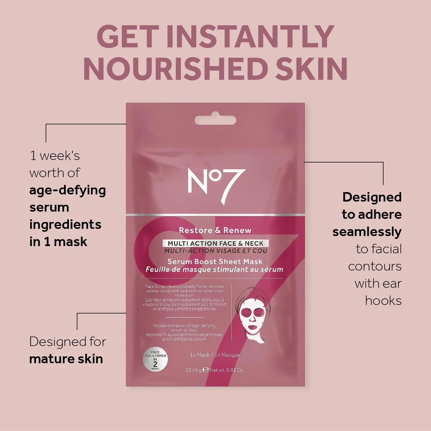 No7 Restore & Renew Multi Action Face & Neck Serum Boost Sheet Mask - Anti Aging Skin & Neck Firming Wrinkle Reducing Mask - Ski