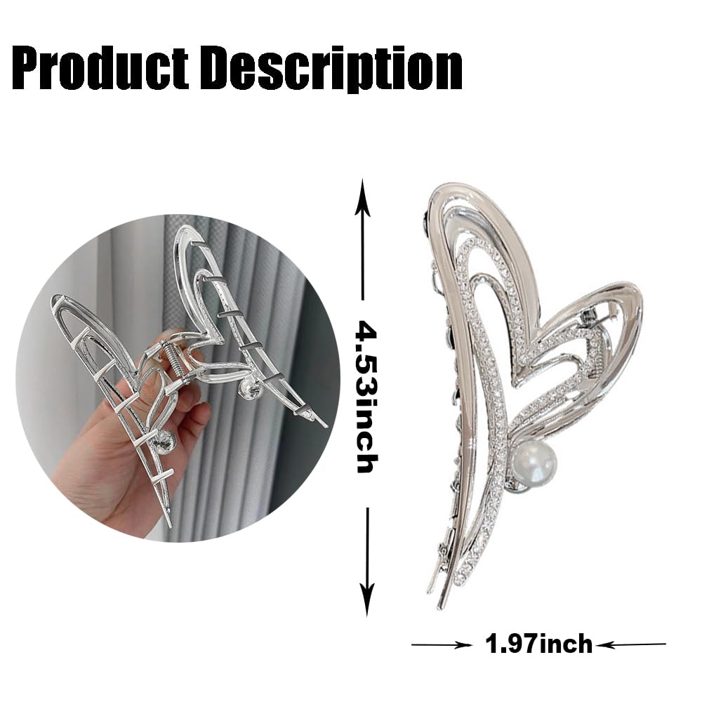 Kolonams Hair Clip, 1Pcs Valentine'S Day Heart Shaped Rhinestone And Pearl Claw Clip, Strong Hold Sliver Hair Barrette For Hair