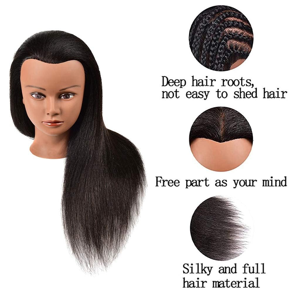 Mankainhead Mannequin Head With 100% Real Hair, 16 Inch Hairdresser Cosmetology Manikin Head Training Practice Brading Doll Head