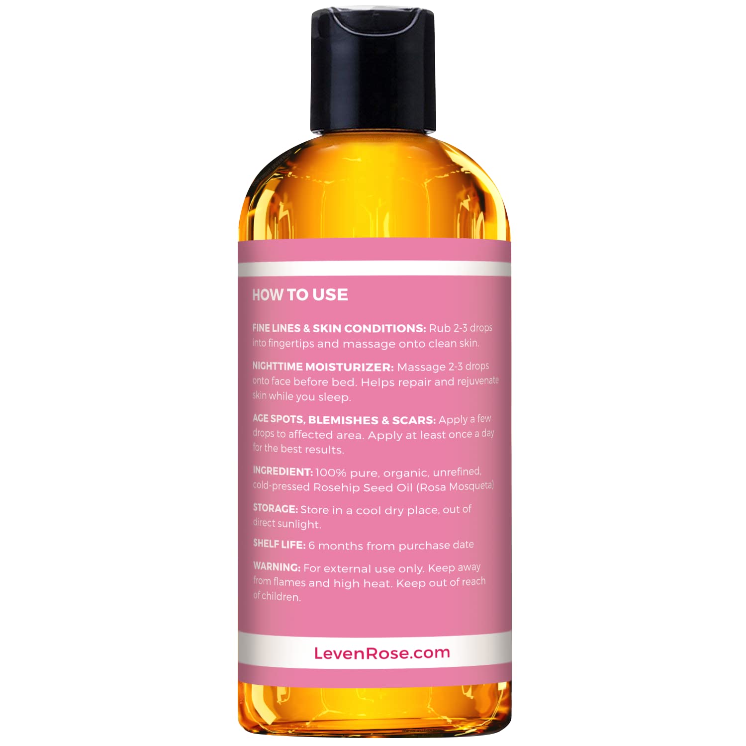 Leven Rose Rosehip Seed Oil For Face 16 Oz - Pure Rosehip Oil For Face - Unrefined Cold Pressed Rosehip Oil For Body - Nighttime