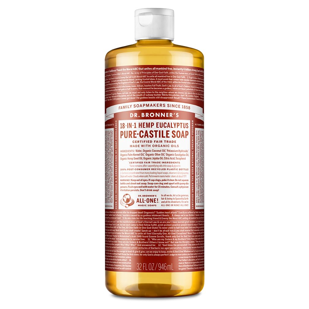 Dr. Bronners - Pure-Castile Liquid Soap (Eucalyptus, 32 Ounce) - Made With Organic Oils, 18-In-1 Uses: Face, Body, Hair, Laundry