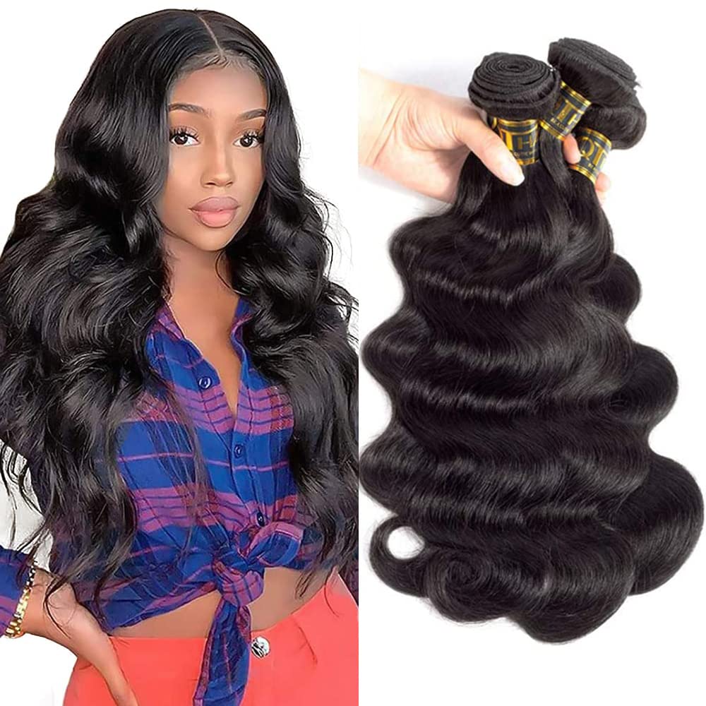 Qthair 12A Brazilian Virgin Hair Bundles (20'' 22'' 24'', Natural Black) 100% Unprocessed Brazilian Body Wave Human Hair Weave F