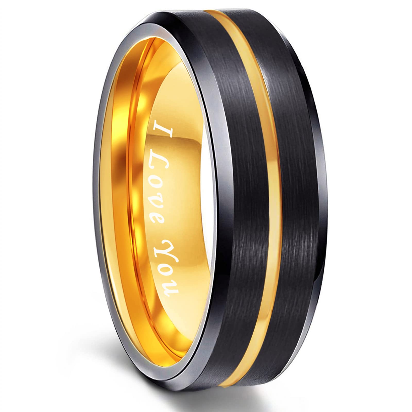 Greenpod 8mm Mens Black Tungsten Ring with Thin Gold Engraved I Love You Groove Beveled Edge Comfort Fit Size 10.5