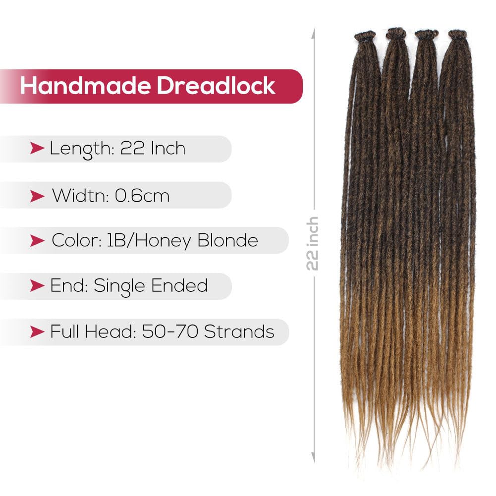 Kraler Dreadlock Extensions, 22'' Ombre Brown Synthetic Crochet Dreads Extensions 100% Handmade Single Ended Dreads Thin 0.6Cm W