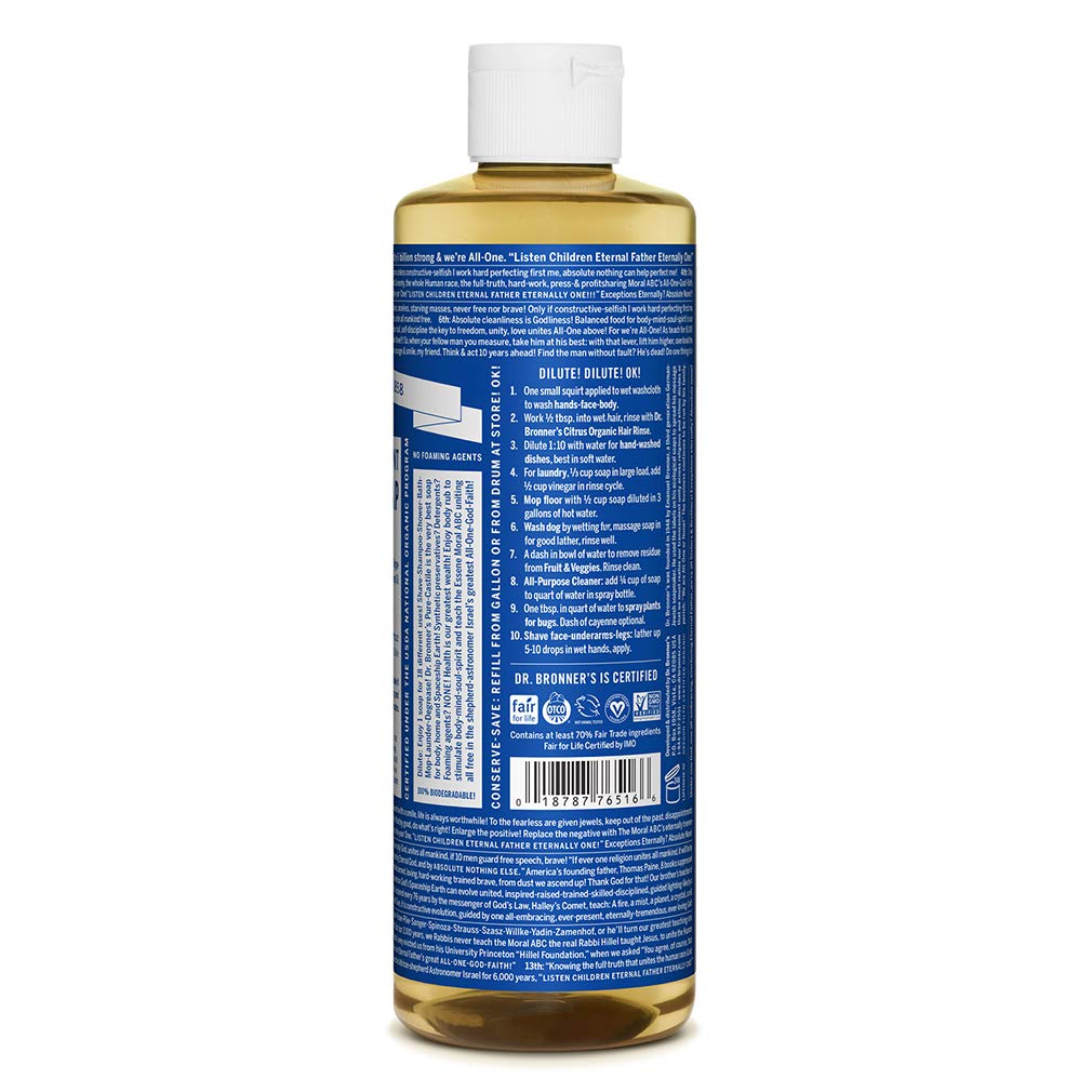 Dr Bronneras - Pure-Castile Liquid Soap (Peppermint, 16 Ounce) - Made With Organic Oils, 18-In-1 Uses: Face, Body, Hair, Laundry