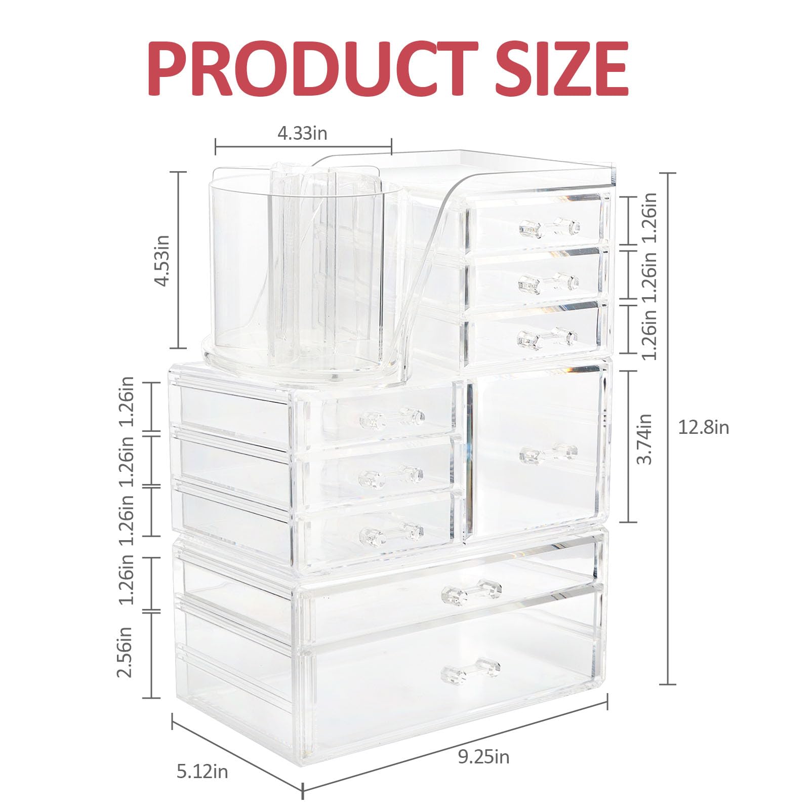 AUOIKK Clear Makeup Organizer with 9 Drawers & Rotating Brush Holder - Large Capacity Cosmetic Display Cases Storage for Vanity,