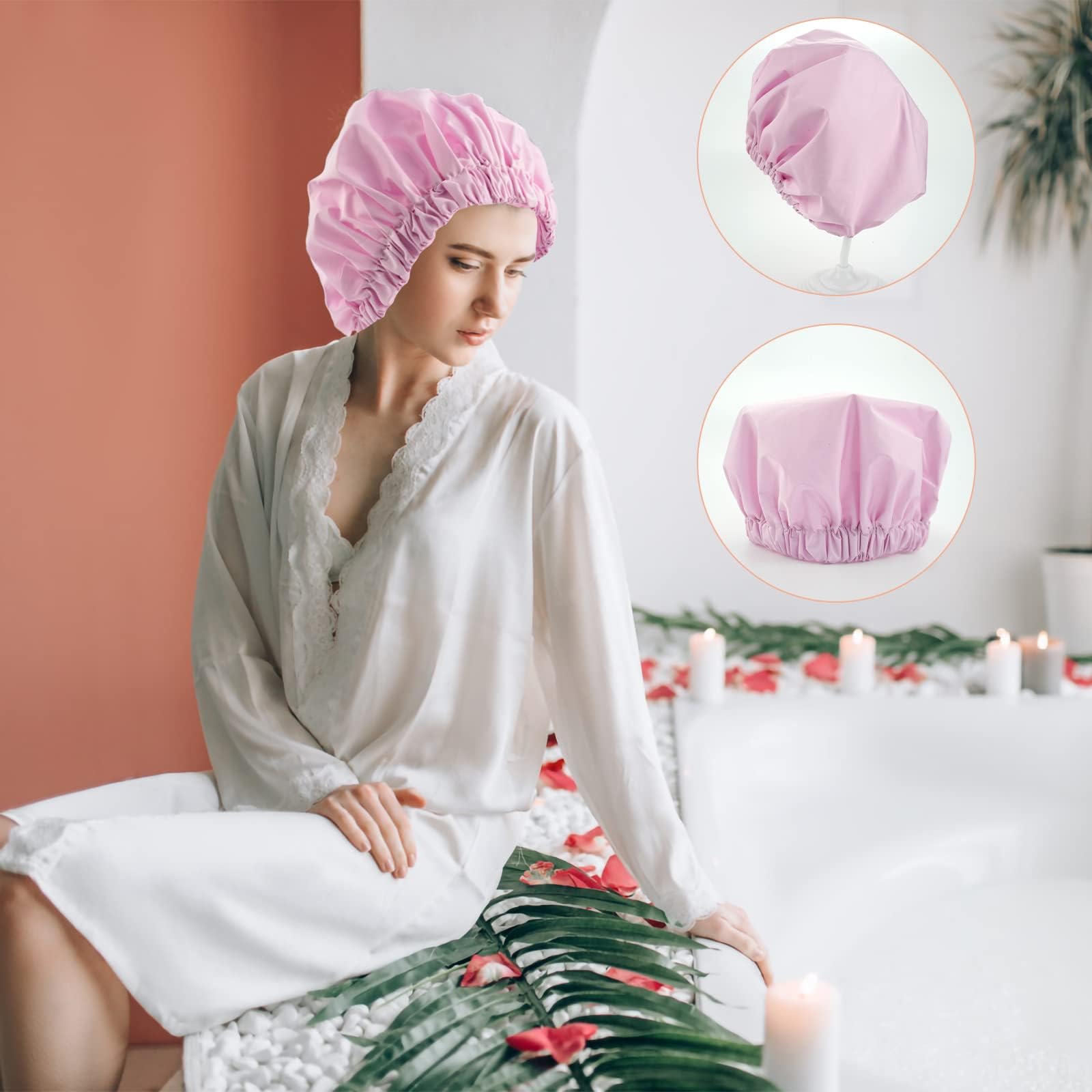 Reusable Shower Cap For Women, Large Waterproof Shower Bonnet Washable Elastic Band Bath Hair Hat For Long Hair, Braids(Green&Pu