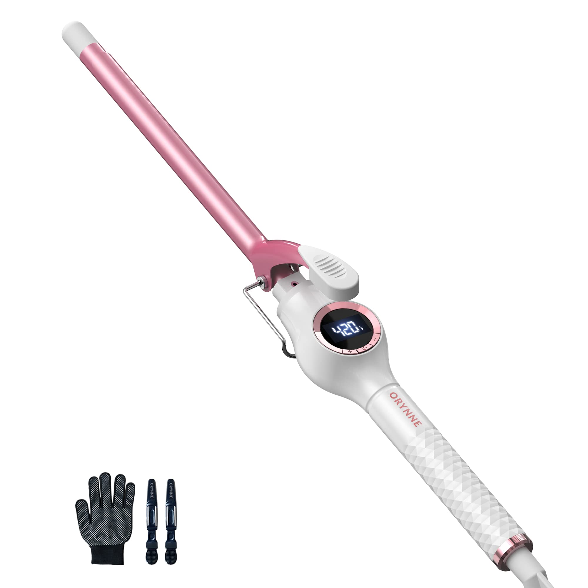 ORYNNE 1/2 Inch Curling Iron Wand - Ceramic, Pink White, Fast Heat Up, Digital Temp Control for Tight Curls