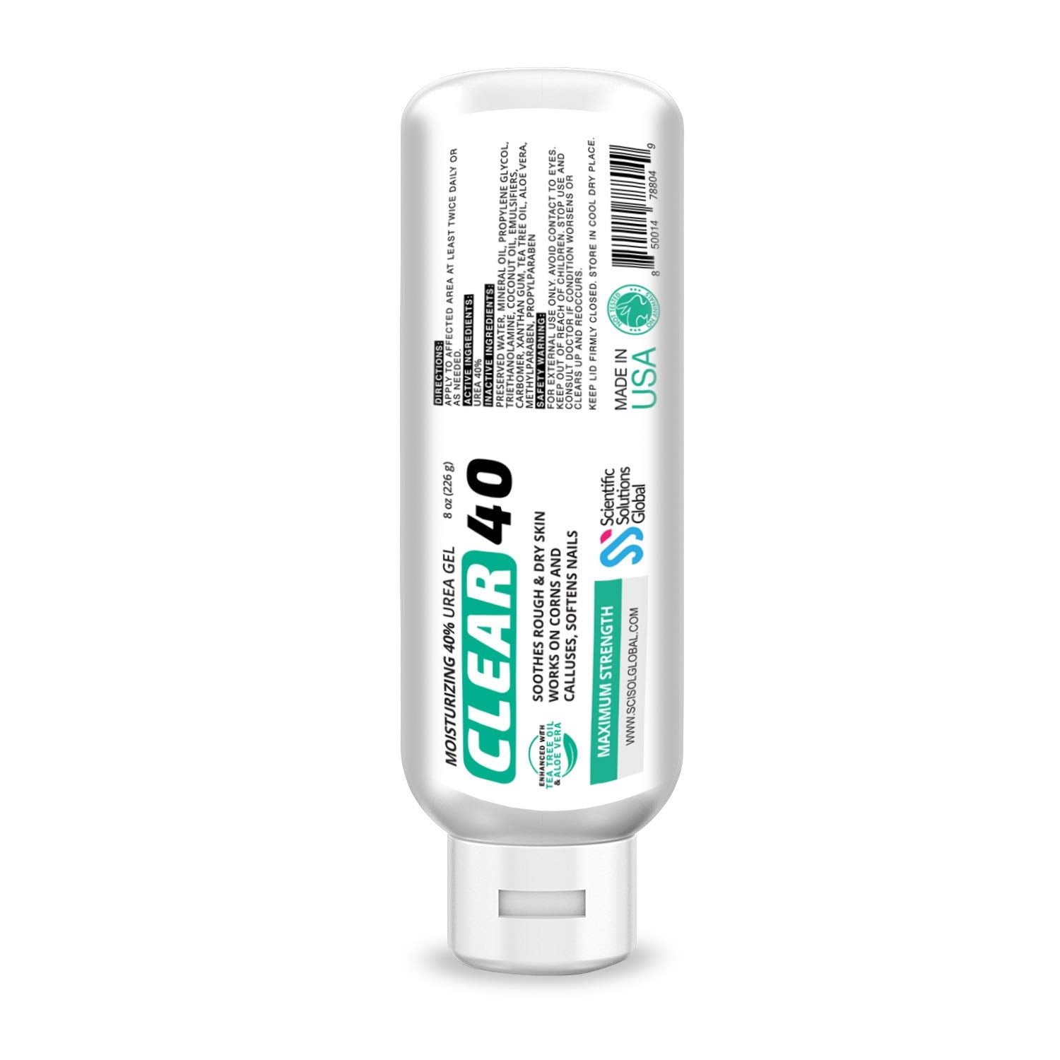 CLEAR 40, 40% Urea Gel, 8 oz w/Tea Tree & Coconut Oil, Aloe Vera Extract, Works on Calluses & Corns, Moisturizes & Softens Crack