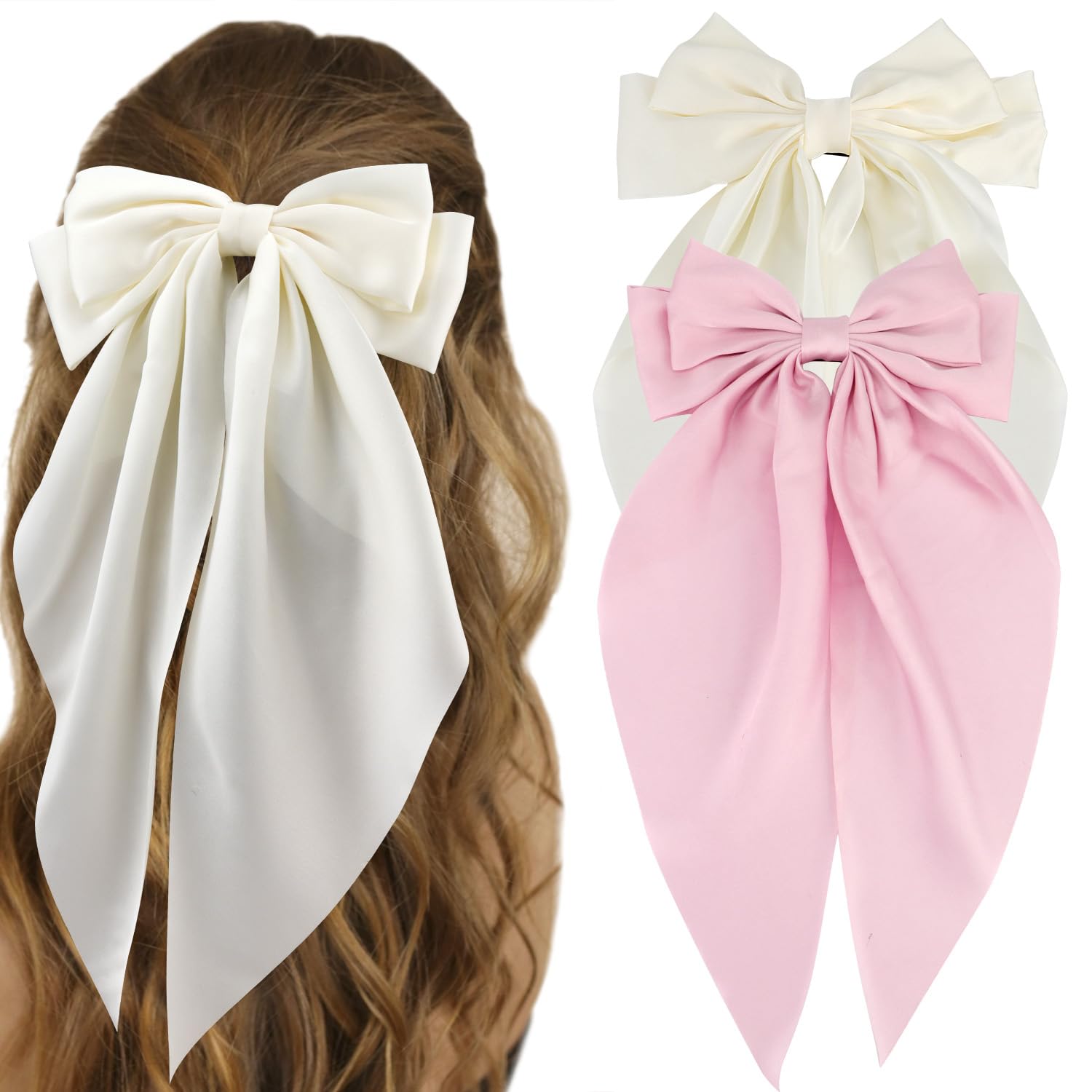 ATODEN Silky Satin Hair Bows Pink Beige 2Pcs Big Hair Bows Hair Ribbons Oversized Long Tail Bow Hair Clips Large Hair Ribbon Bar