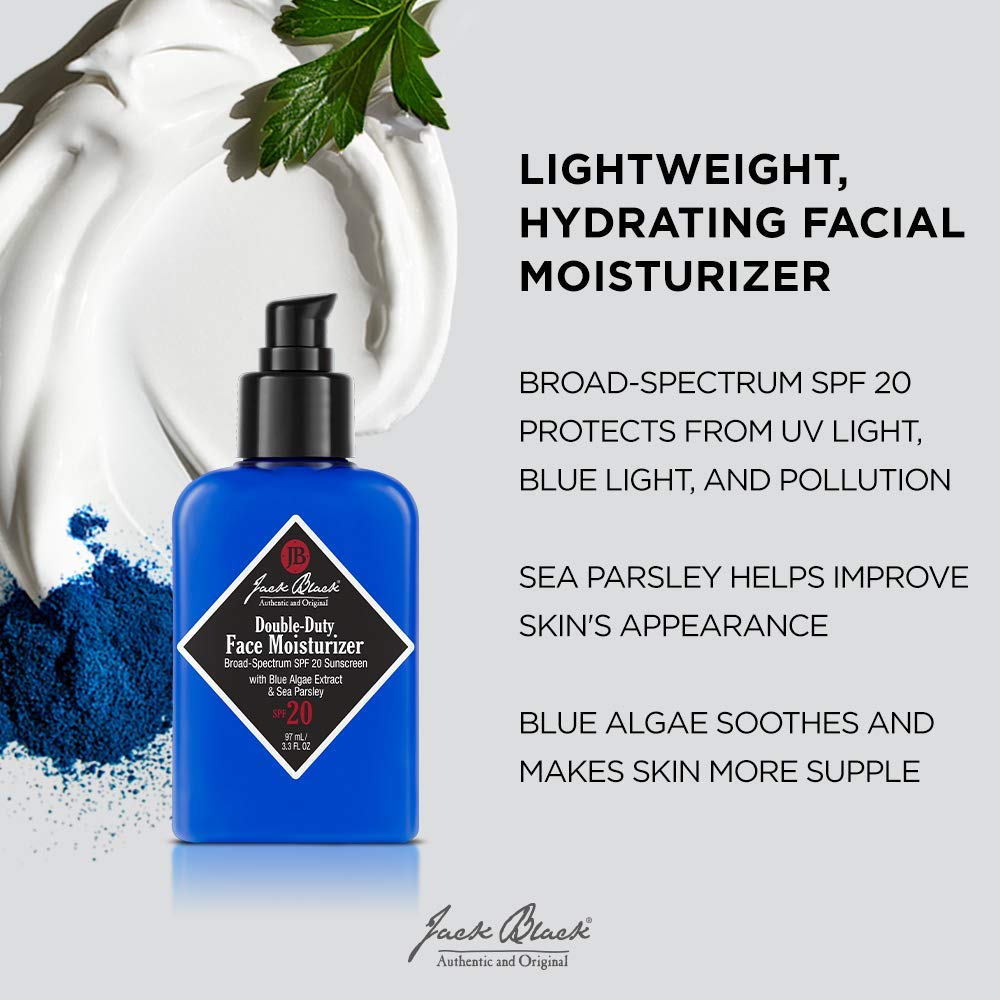 Jack Black Double-Duty Face Moisturizer, 3.3 Fl. Oz - SPF 20 Sun Protection, Long Lasting Hydrating Skincare, Lightweight Moistu