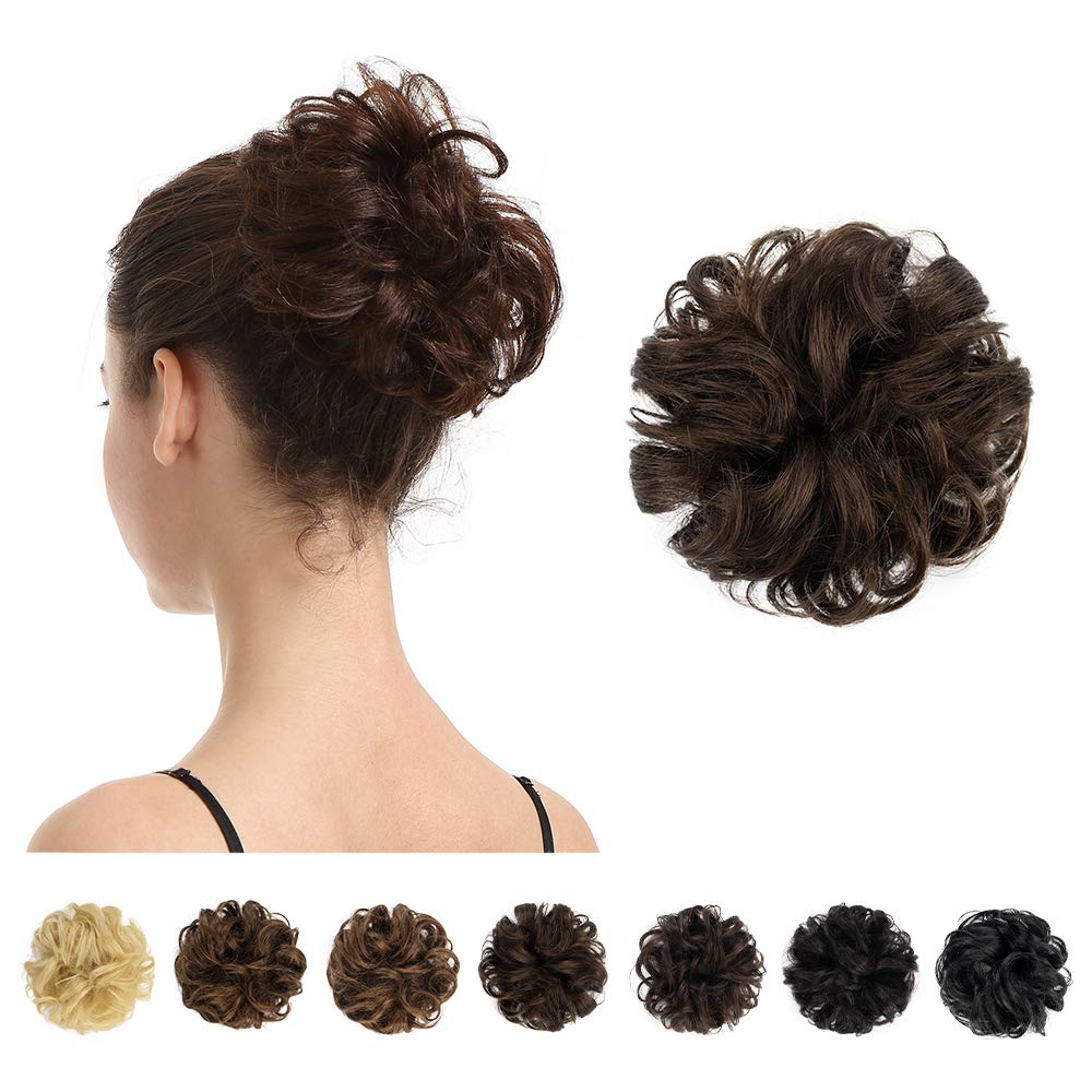 BARSDAR 100% Human Hair Bun, Messy Bun Hair Piece Real Human Hair Extensions Natural Curly Brown Hair Bun Hairpieces For Women/K
