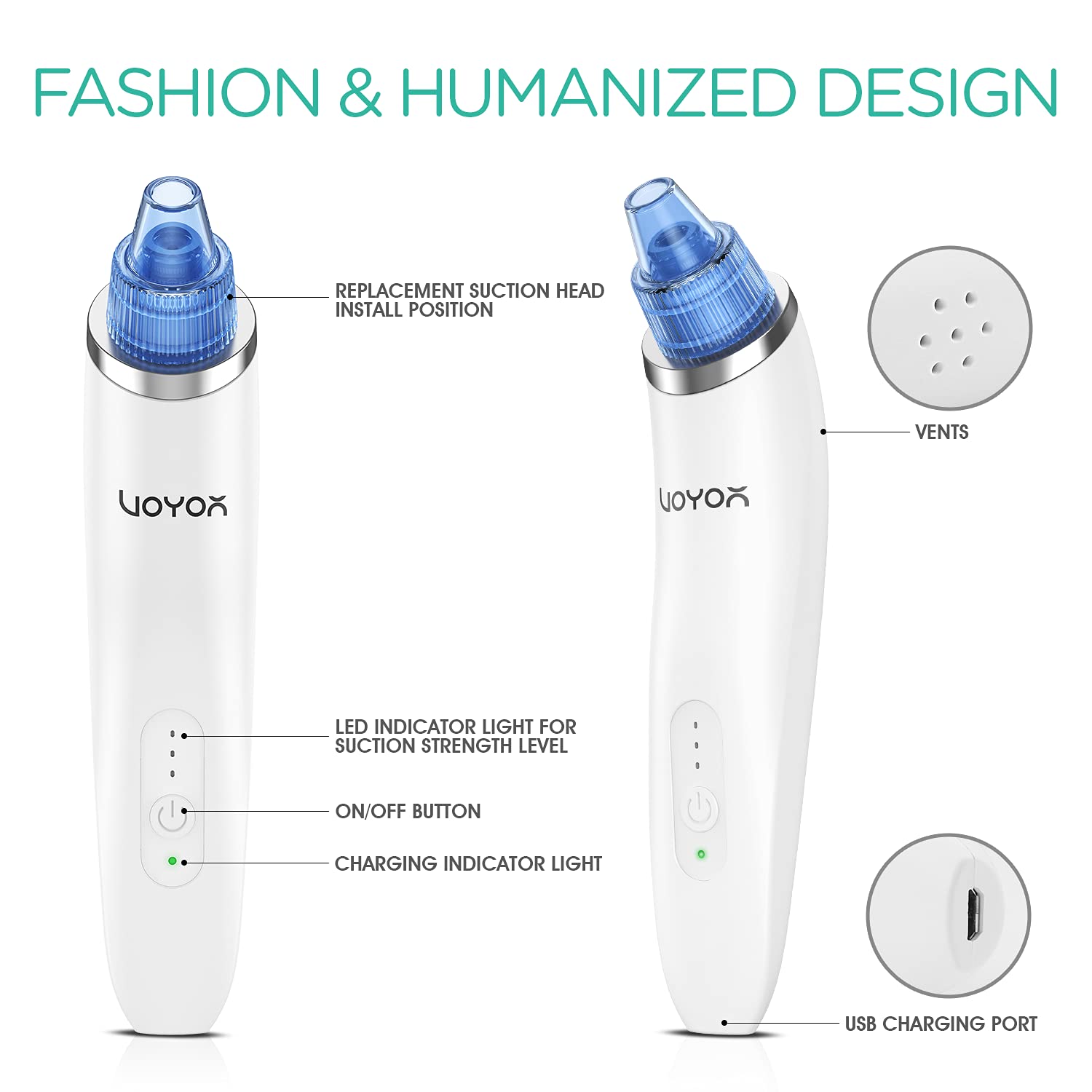 VOYOR Blackhead Remover Pore Vacuum - Electric Face Vacuum Pore cleaner Acne White Heads Removal with 6 Suction Heads BR410