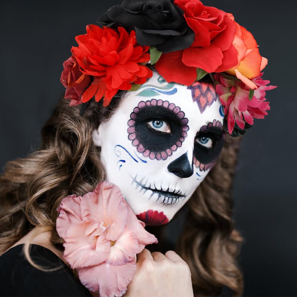 Atoden Flower Crown Day Of The Dead Rose Headbands Floral Crown Mexican Headpiece For Women Girls Black Red