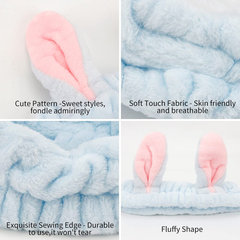 AHONEY Bunny Ears Headband, 4Pcs Skin Care Headbadns Fuzzy Headband for Washing Face Kawaii Makeup Cute Headbands Coral Fleece E