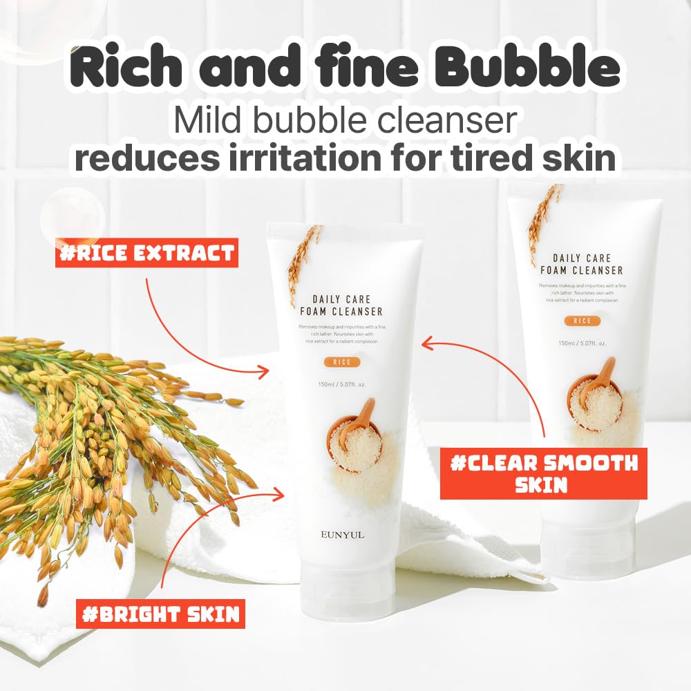 Eunyul Daily Care Rice Foam Cleanser 5.07 Fl. Oz. / 150Ml Korean Skincare Face Wash With Rice Water Face Cleanser