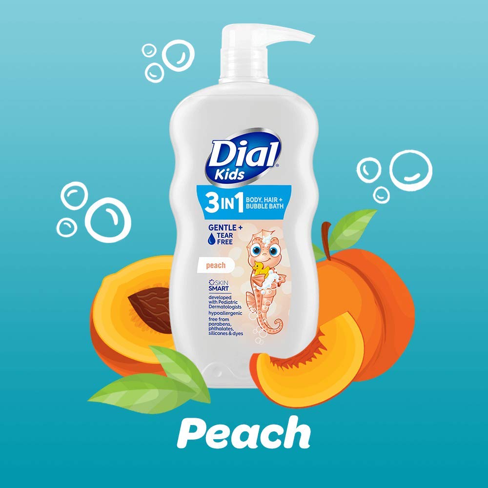 Dial Kids 3-In-1 Body + Hair + Bubble Bath, Peach, 24 Fl Oz (Pack Of 4)
